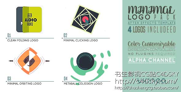 AE模板免费下载; 书生C4DSKY;Videohive Minimal Logo Pack，aftereffects, clean, collision, flat, folding, logo, logo animation, logo opener, meta ball, minimal, mouse click, pack, quick, shape, simple