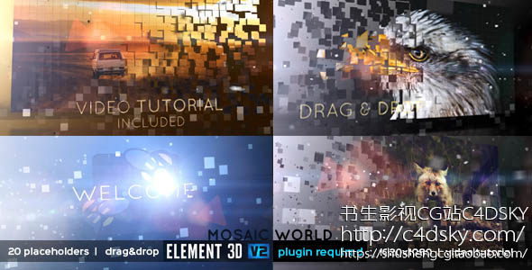 AE模板特色：马赛克世界、3d、公司、设计、显示、动态、优雅、element 3d,现代,马赛克,揭幕战,照片,促销,幻灯片,头衔,婚礼Videohive Mosaic World,3d, corporate, design, display, dynamic, elegant, element 3d, modern, mosaic, opener, photos, promo, slideshow, titles, wedding