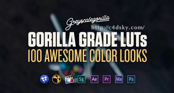 Greyscalegorilla（GSG灰猩猩）很自豪地发布了Gorilla Grade LUTs，一套100种不同的电影调色预设，你可以很容易地应用到你的镜头或3d渲染。 您可以将这些LUT文件加载到许多领先的数字内容创建工具，如Photoshop，After Effects，Adobe Premiere，Nuke，Fusion等等。Gorilla Grade LUTs可以快速，轻松地对您的3D渲染，运动设计MG，现场操作甚至照片进行颜色分级。 