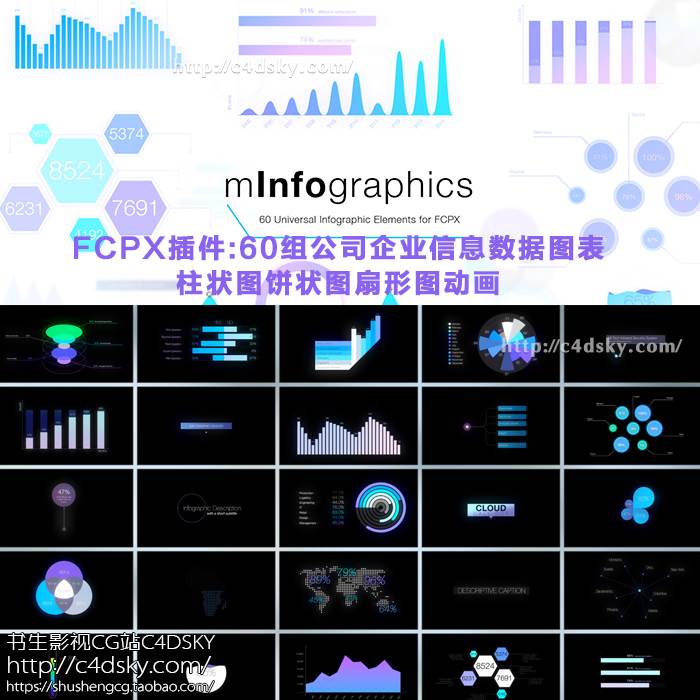 mInfographics是一款由Motionvfx出品的公司企业信息数据信息图表动画插件，一共60组，包括信息图表，柱状图，饼状图，百分表，点线趋势图，扇形图等，可自定义修改 位置，大小，旋转，颜色，数值等参数，支持4K，包含入动画和出动画，兼容final cut pro x 10.3或更高版本 